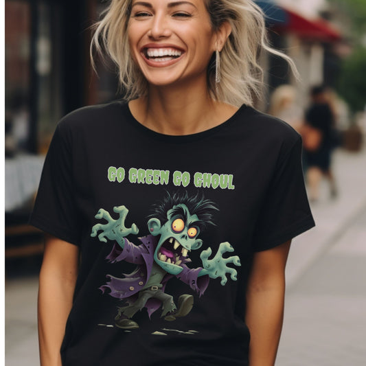 Halloween Spooky Tee Go Green Go Ghoul Halloween T-Shirt Unisex Short Sleeve  Zombie Theme Apparel  Spooky Party Wear Green Ghoul