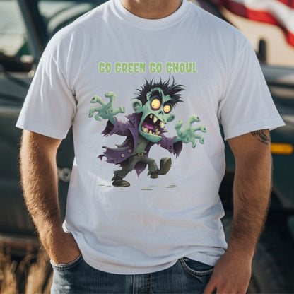 Halloween Spooky Tee Go Green Go Ghoul Halloween T-Shirt Unisex Short Sleeve  Zombie Theme Apparel  Spooky Party Wear Green Ghoul