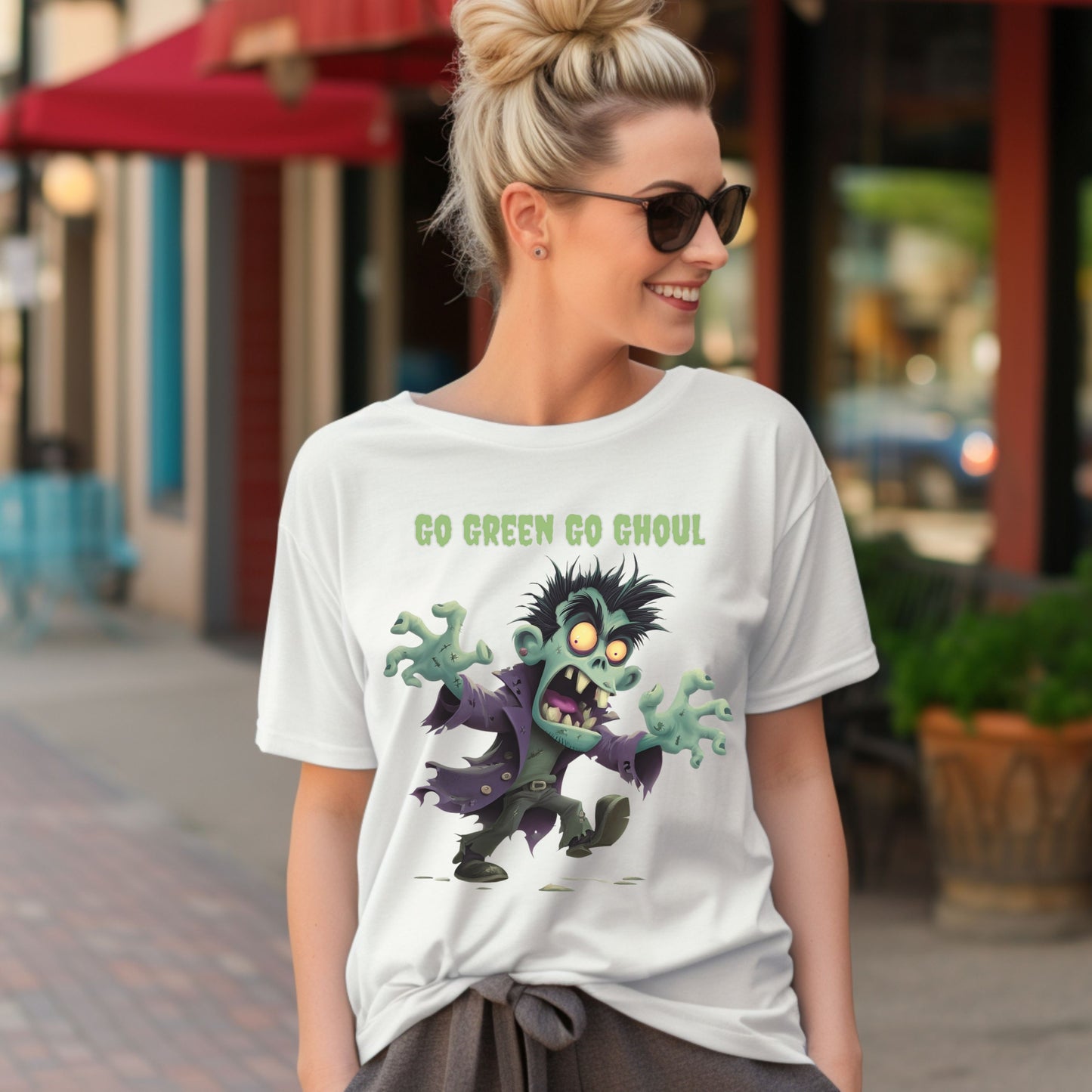 Halloween Spooky Tee Go Green Go Ghoul Halloween T-Shirt Unisex Short Sleeve  Zombie Theme Apparel  Spooky Party Wear Green Ghoul