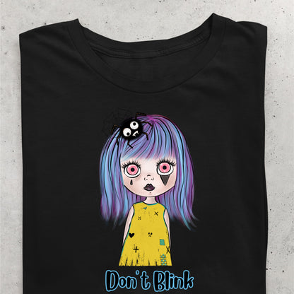 Creepy Doll Tee Halloween Spooky T-Shirt Scarey Doll Eerie Don't Blink Tshirt Creepy Girl Tee Gift for Her Halloween Gift or Costume