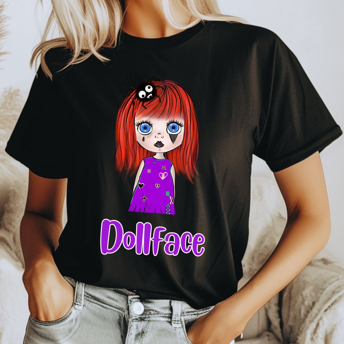 Creepy Doll Face Tee Halloween Spooky TShirt Scarey Doll Eerie Watching Tshirt Creepy Girl Tee Gift for Her Halloween Gift or Costume