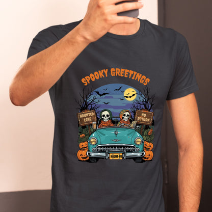 Happy Skeletons Driving to Halloween Celebrations Spooky Greetings Happy Halloween Funny T-shirt Gift for Her Gift for Him