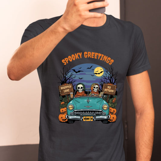 Happy Skeletons Driving to Halloween Celebrations Spooky Greetings Happy Halloween Funny T-shirt Gift for Her Gift for Him