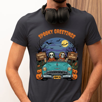 Happy Skeletons Driving to Halloween Celebrations Spooky Greetings Happy Halloween Funny T-shirt Gift for Her Gift for Him