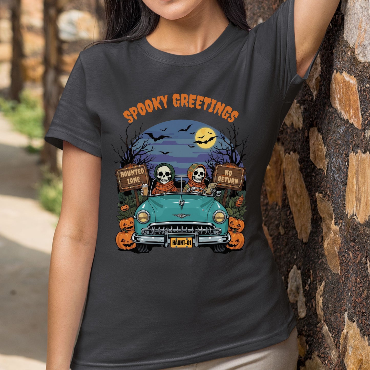 Happy Skeletons Driving to Halloween Celebrations Spooky Greetings Happy Halloween Funny T-shirt Gift for Her Gift for Him
