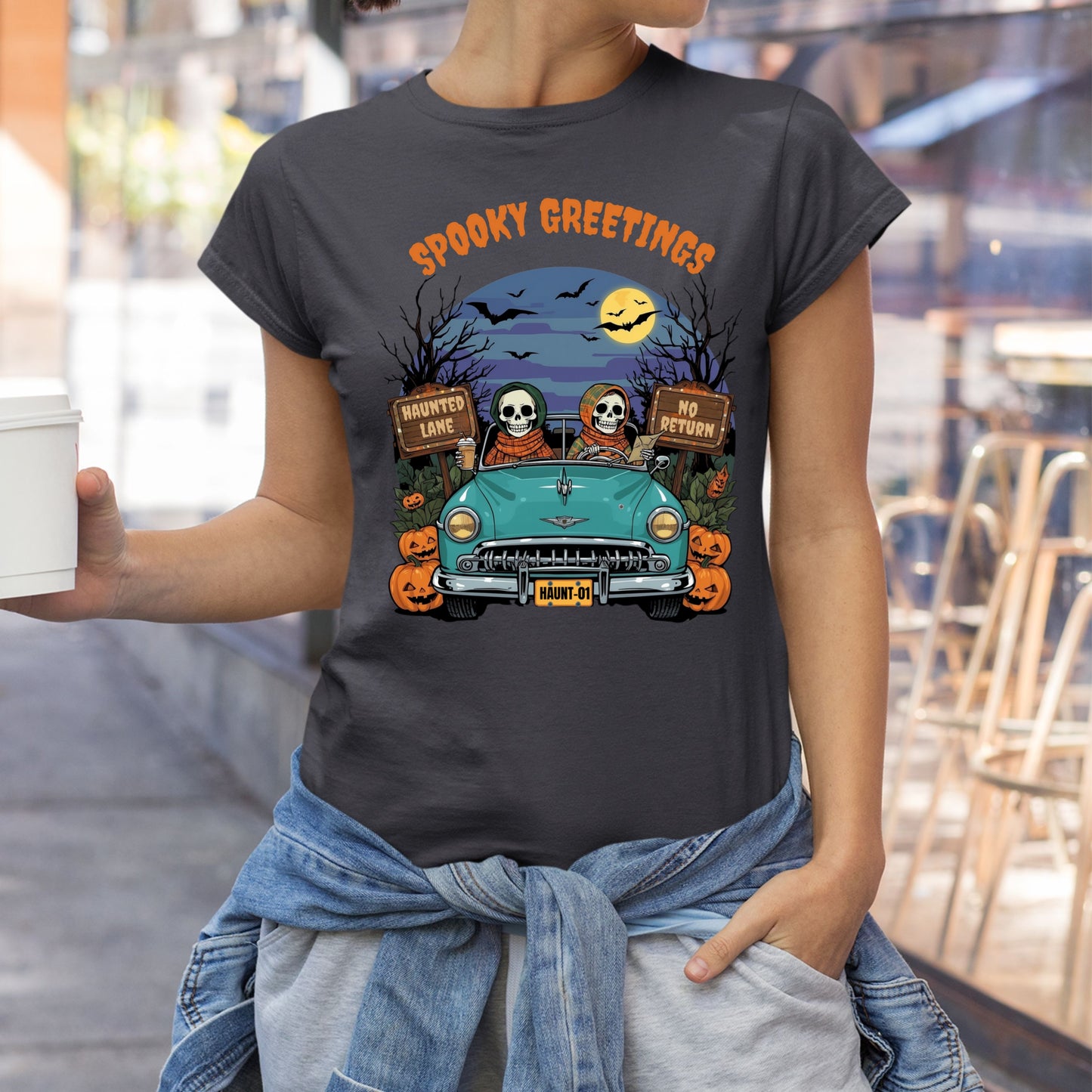 Happy Skeletons Driving to Halloween Celebrations Spooky Greetings Happy Halloween Funny T-shirt Gift for Her Gift for Him