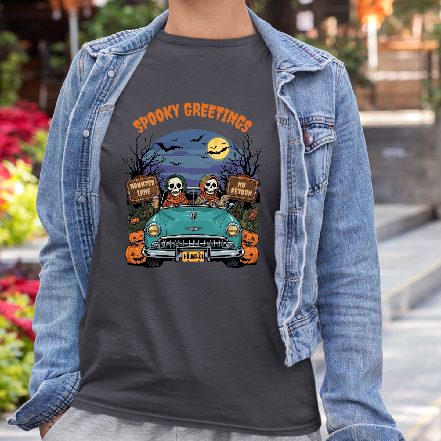 Happy Skeletons Driving to Halloween Celebrations Spooky Greetings Happy Halloween Funny T-shirt Gift for Her Gift for Him