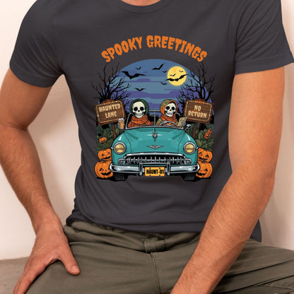 Happy Skeletons Driving to Halloween Celebrations Spooky Greetings Happy Halloween Funny T-shirt Gift for Her Gift for Him