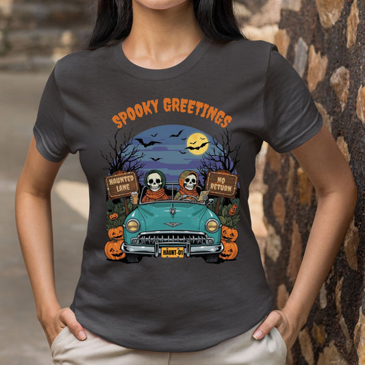 Happy Skeletons Driving to Halloween Celebrations Spooky Greetings Happy Halloween Funny T-shirt Gift for Her Gift for Him
