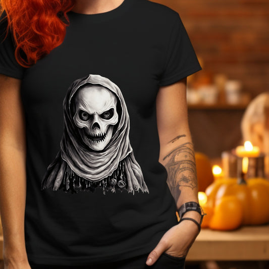 Mystic Skull Priest T-Shirt Gothic Beaded Hood Skeleton Shirt Occult Reaper Tee Spooky Halloween Dark Art T-Shirt Gift for her Gift for him