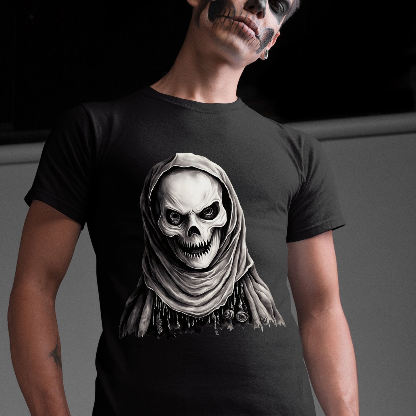 Mystic Skull Priest T-Shirt Gothic Beaded Hood Skeleton Shirt Occult Reaper Tee Spooky Halloween Dark Art T-Shirt Gift for her Gift for him