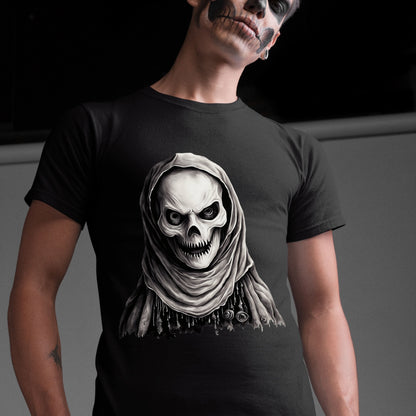 Mystic Skull Priest T-Shirt Gothic Beaded Hood Skeleton Shirt Occult Reaper Tee Spooky Halloween Dark Art T-Shirt Gift for her Gift for him