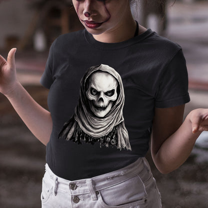 Mystic Skull Priest T-Shirt Gothic Beaded Hood Skeleton Shirt Occult Reaper Tee Spooky Halloween Dark Art T-Shirt Gift for her Gift for him
