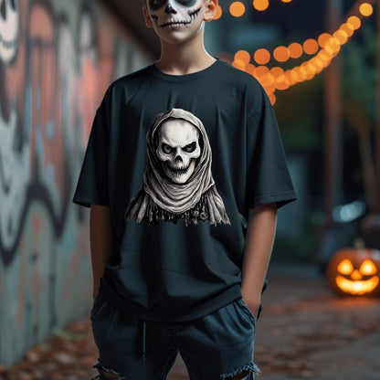 Mystic Skull Priest T-Shirt Gothic Beaded Hood Skeleton Shirt Occult Reaper Tee Spooky Halloween Dark Art T-Shirt Gift for her Gift for him