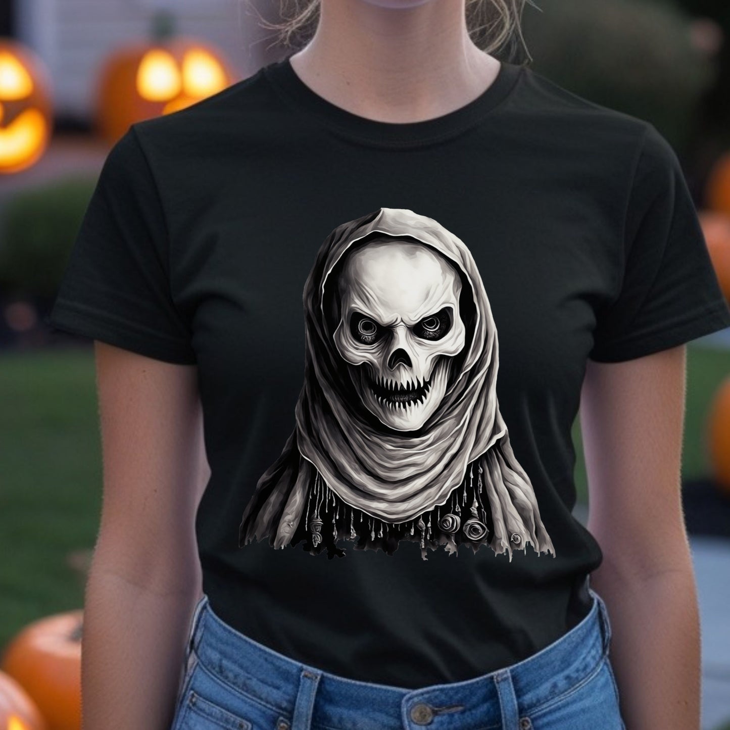 Mystic Skull Priest T-Shirt Gothic Beaded Hood Skeleton Shirt Occult Reaper Tee Spooky Halloween Dark Art T-Shirt Gift for her Gift for him