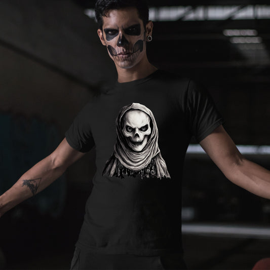 Mystic Skull Priest T-Shirt Gothic Beaded Hood Skeleton Shirt Occult Reaper Tee Spooky Halloween Dark Art T-Shirt Gift for her Gift for him