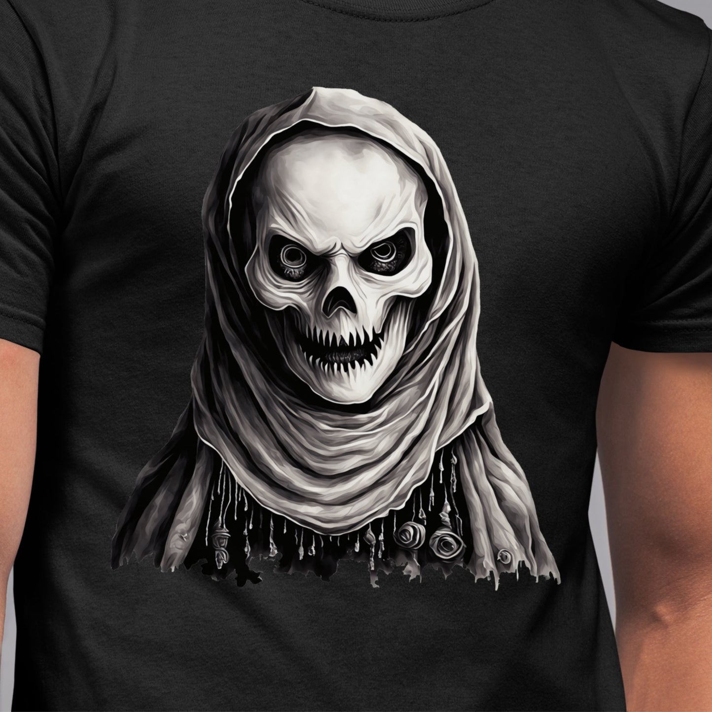 Mystic Skull Priest T-Shirt Gothic Beaded Hood Skeleton Shirt Occult Reaper Tee Spooky Halloween Dark Art T-Shirt Gift for her Gift for him