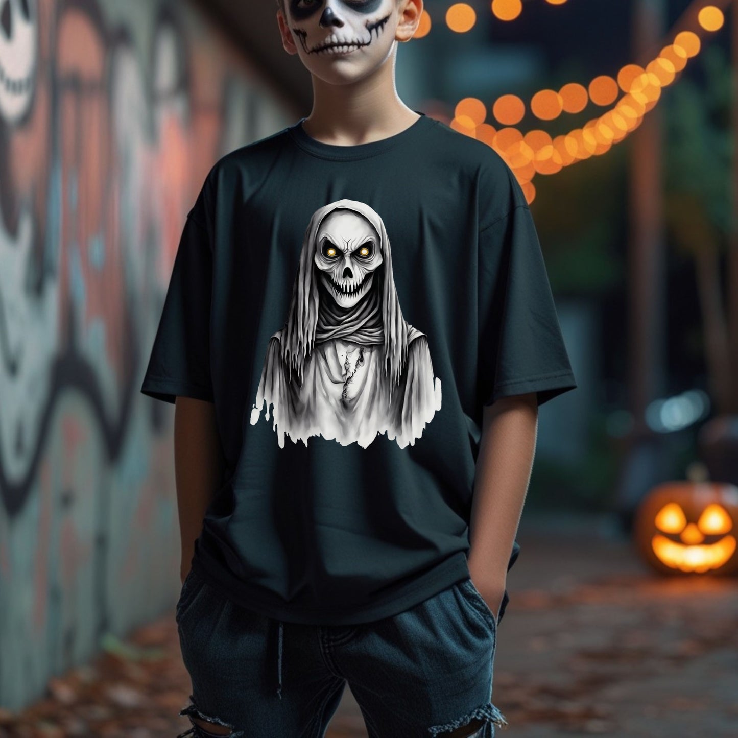 Creepy Skeleton Grim Reaper T-Shirt Spooky Halloween Skull Shirt Horror Gothic Hooded Reaper Tee Scary Skeleton Gift for her Gift for Him