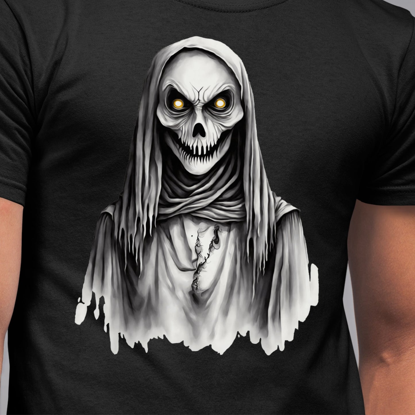 Creepy Skeleton Grim Reaper T-Shirt Spooky Halloween Skull Shirt Horror Gothic Hooded Reaper Tee Scary Skeleton Gift for her Gift for Him