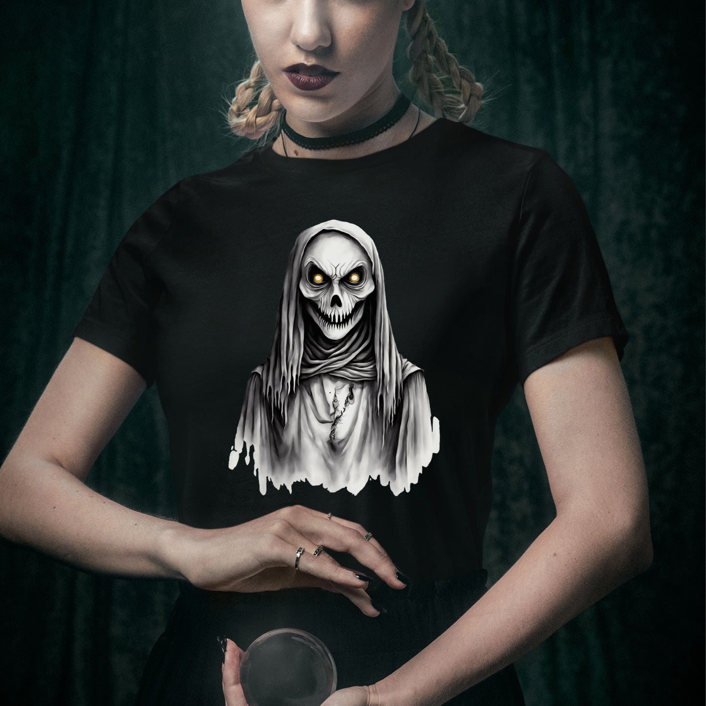 Creepy Skeleton Grim Reaper T-Shirt Spooky Halloween Skull Shirt Horror Gothic Hooded Reaper Tee Scary Skeleton Gift for her Gift for Him