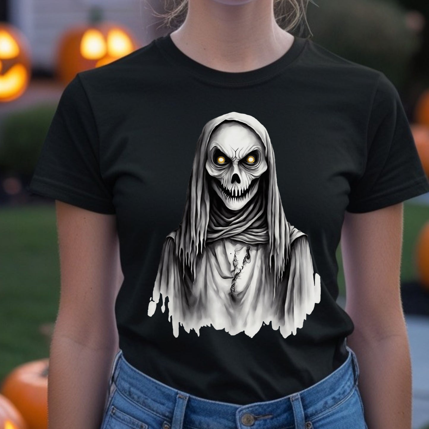Creepy Skeleton Grim Reaper T-Shirt Spooky Halloween Skull Shirt Horror Gothic Hooded Reaper Tee Scary Skeleton Gift for her Gift for Him