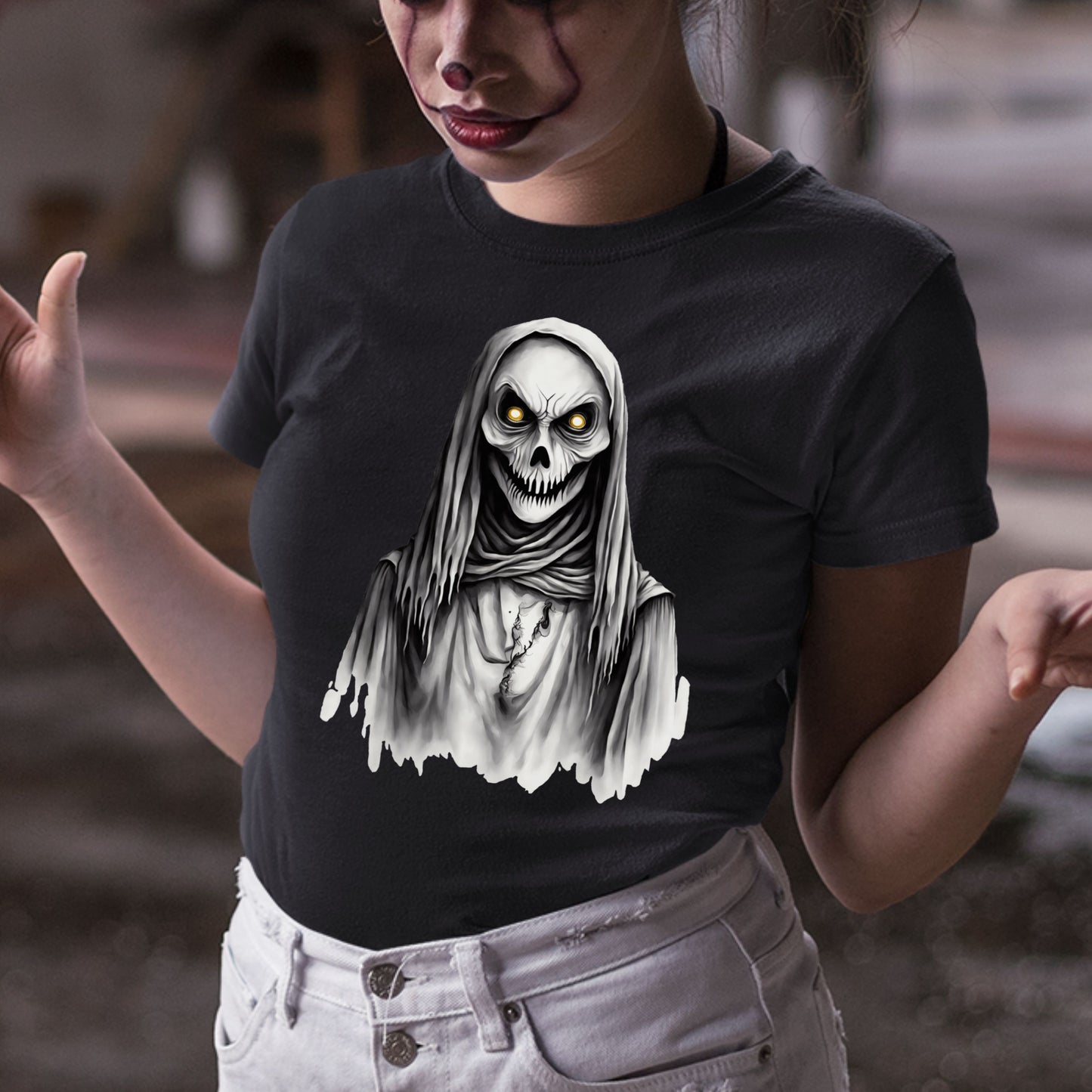 Creepy Skeleton Grim Reaper T-Shirt Spooky Halloween Skull Shirt Horror Gothic Hooded Reaper Tee Scary Skeleton Gift for her Gift for Him