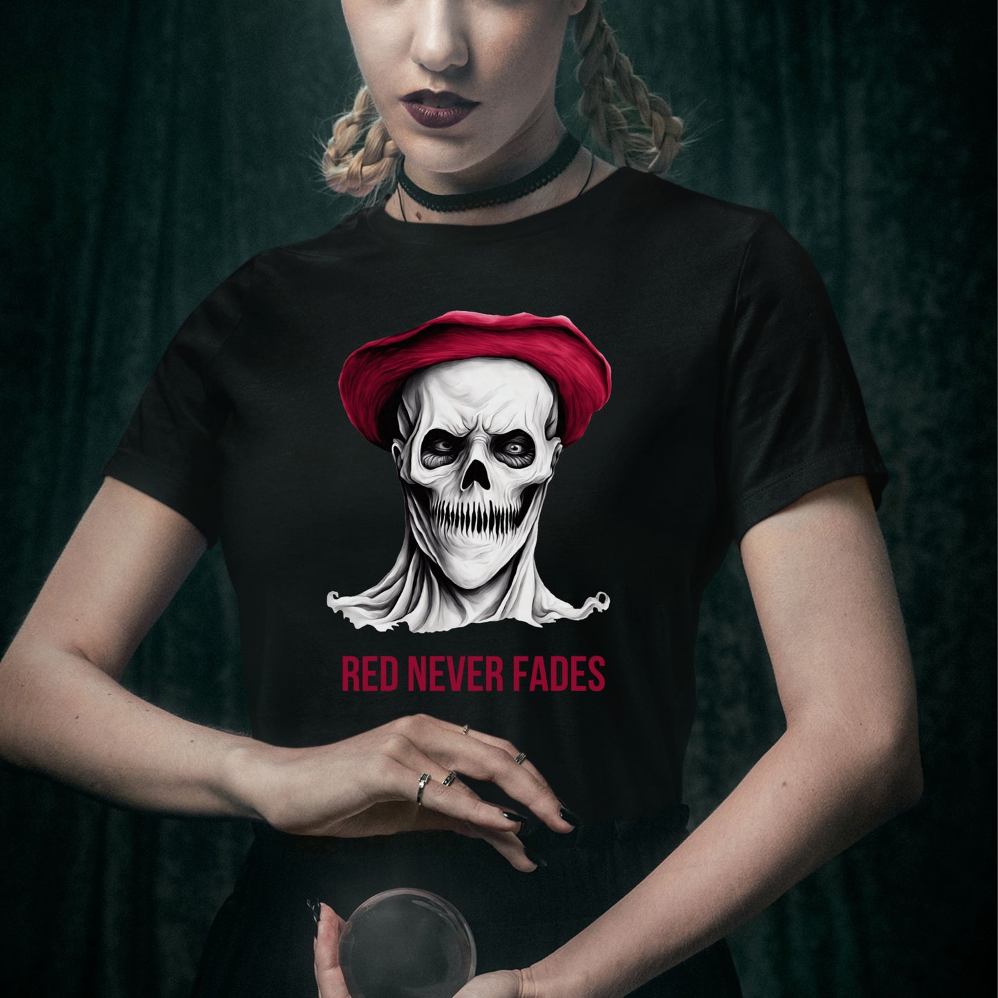 Red Beret Skull T-Shirt Horror Art Tee Gothic Revolutionary Skeleton Shirt Bold Creepy Halloween Top Gift for her Gift for him