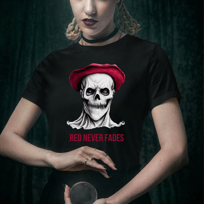 Red Beret Skull T-Shirt Horror Art Tee Gothic Revolutionary Skeleton Shirt Bold Creepy Halloween Top Gift for her Gift for him