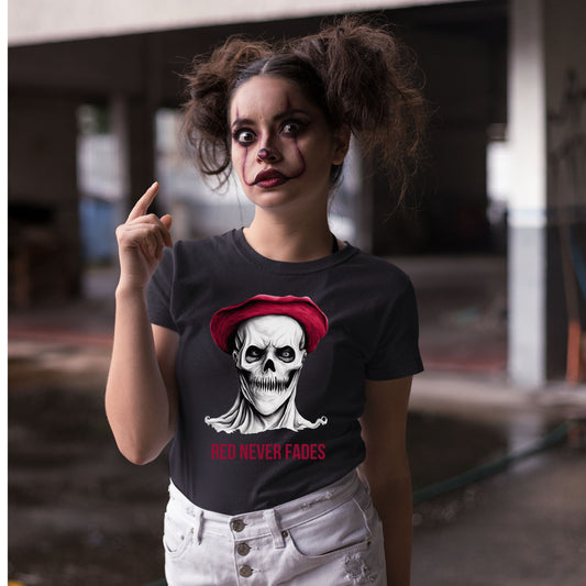 Red Beret Skull T-Shirt Horror Art Tee Gothic Revolutionary Skeleton Shirt Bold Creepy Halloween Top Gift for her Gift for him