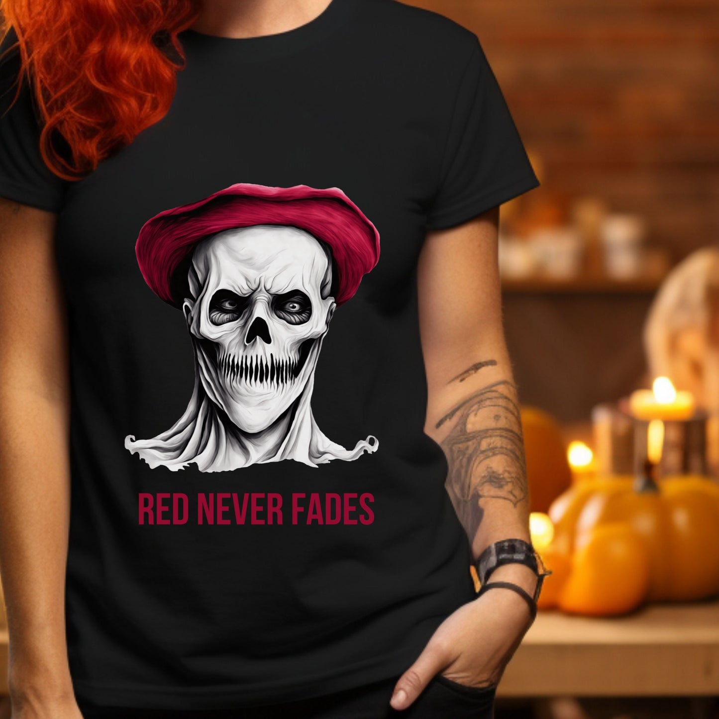 Red Beret Skull T-Shirt Horror Art Tee Gothic Revolutionary Skeleton Shirt Bold Creepy Halloween Top Gift for her Gift for him