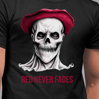 Red Beret Skull T-Shirt Horror Art Tee Gothic Revolutionary Skeleton Shirt Bold Creepy Halloween Top Gift for her Gift for him