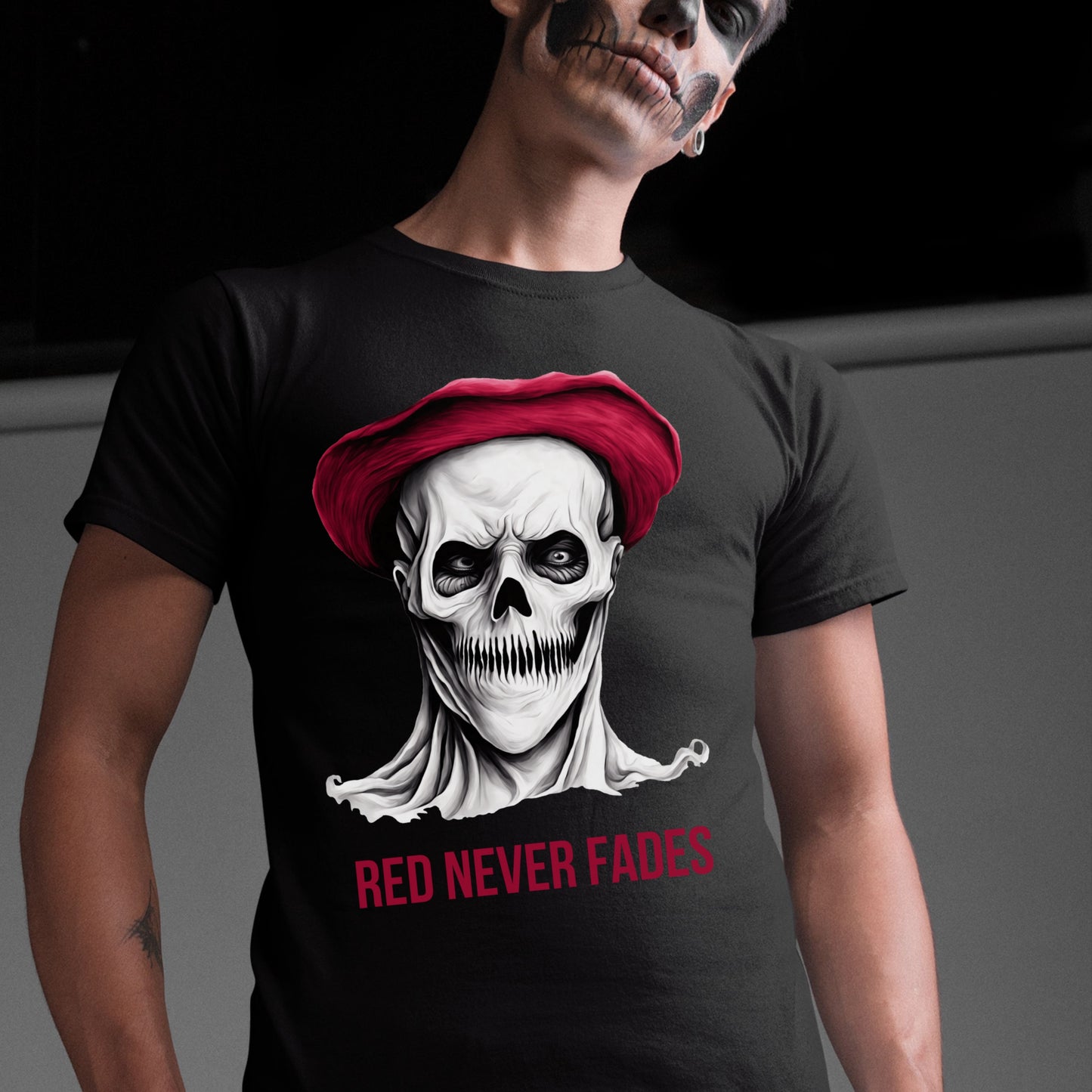 Red Beret Skull T-Shirt Horror Art Tee Gothic Revolutionary Skeleton Shirt Bold Creepy Halloween Top Gift for her Gift for him