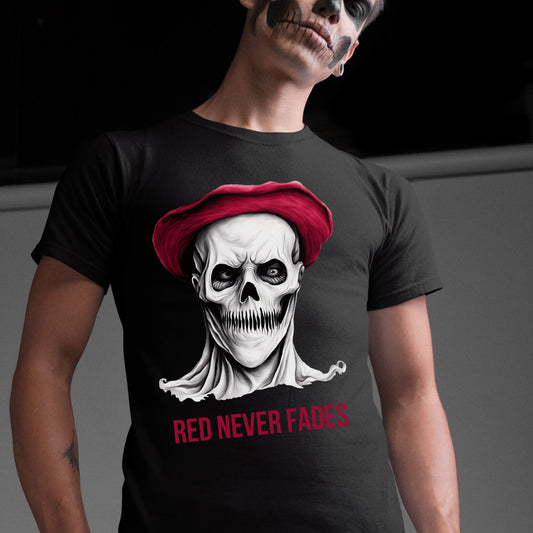 Red Beret Skull T-Shirt Horror Art Tee Gothic Revolutionary Skeleton Shirt Bold Creepy Halloween Top Gift for her Gift for him