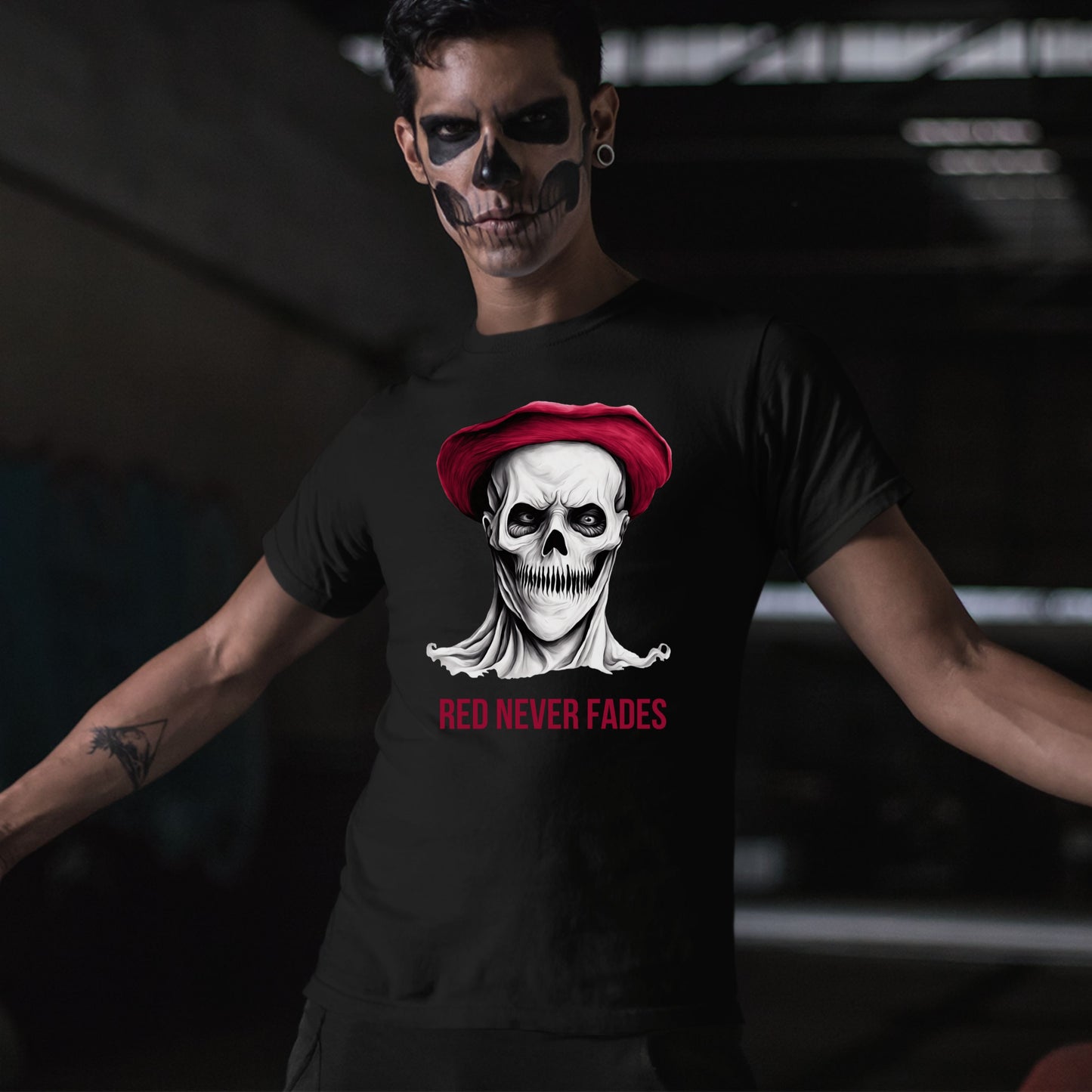 Red Beret Skull T-Shirt Horror Art Tee Gothic Revolutionary Skeleton Shirt Bold Creepy Halloween Top Gift for her Gift for him