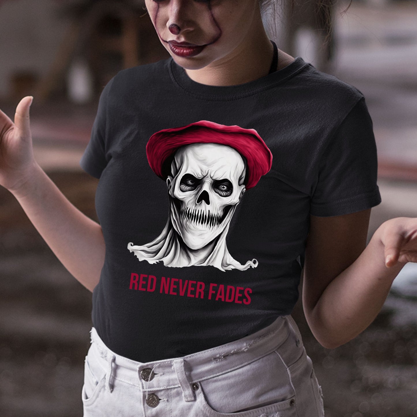 Red Beret Skull T-Shirt Horror Art Tee Gothic Revolutionary Skeleton Shirt Bold Creepy Halloween Top Gift for her Gift for him