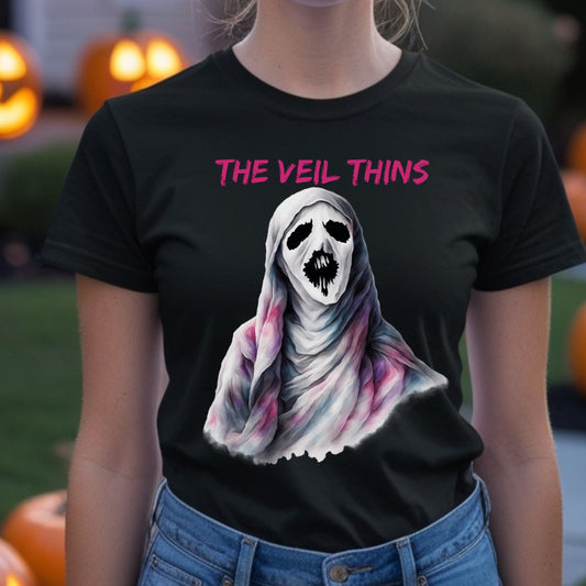 Halloween Ghost Tee The Veil Thins Ghost T-Shirt Pastel Shroud Horror Tee Spiritual Gothic Halloween Shirt Witchy Aesthetic Skeleton Design