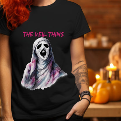 Halloween Ghost Tee The Veil Thins Ghost T-Shirt Pastel Shroud Horror Tee Spiritual Gothic Halloween Shirt Witchy Aesthetic Skeleton Design