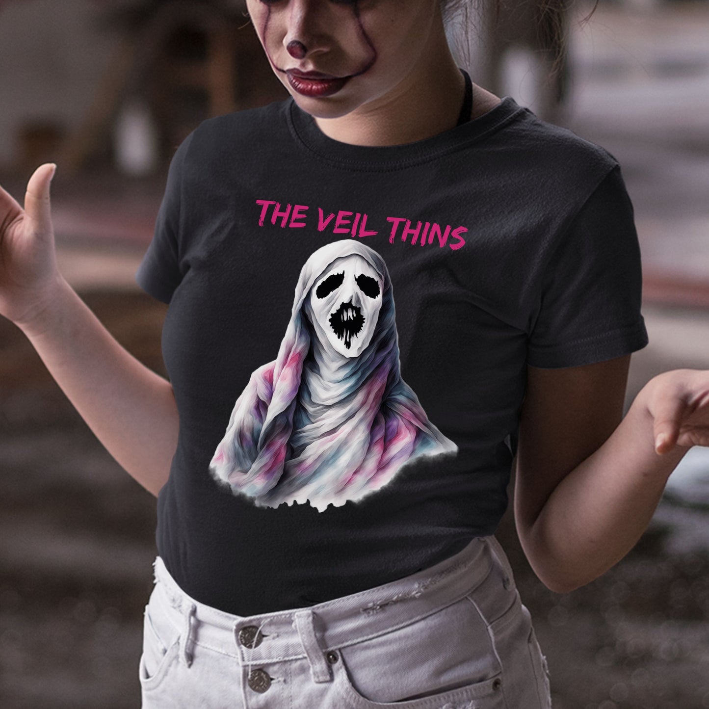 Halloween Ghost Tee The Veil Thins Ghost T-Shirt Pastel Shroud Horror Tee Spiritual Gothic Halloween Shirt Witchy Aesthetic Skeleton Design
