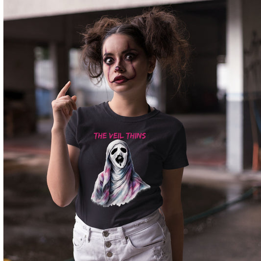 Halloween Ghost Tee The Veil Thins Ghost T-Shirt Pastel Shroud Horror Tee Spiritual Gothic Halloween Shirt Witchy Aesthetic Skeleton Design