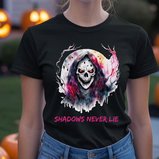 Halloween Skull Tee Shadows Never Lie T-Shirt Grim Reaper Skull Shirt Dark Art Halloween Tee Horror Skeleton Graphic Gothic Spiritual Top