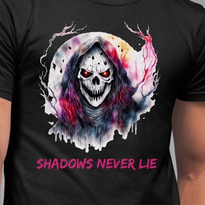Halloween Skull Tee Shadows Never Lie T-Shirt Grim Reaper Skull Shirt Dark Art Halloween Tee Horror Skeleton Graphic Gothic Spiritual Top