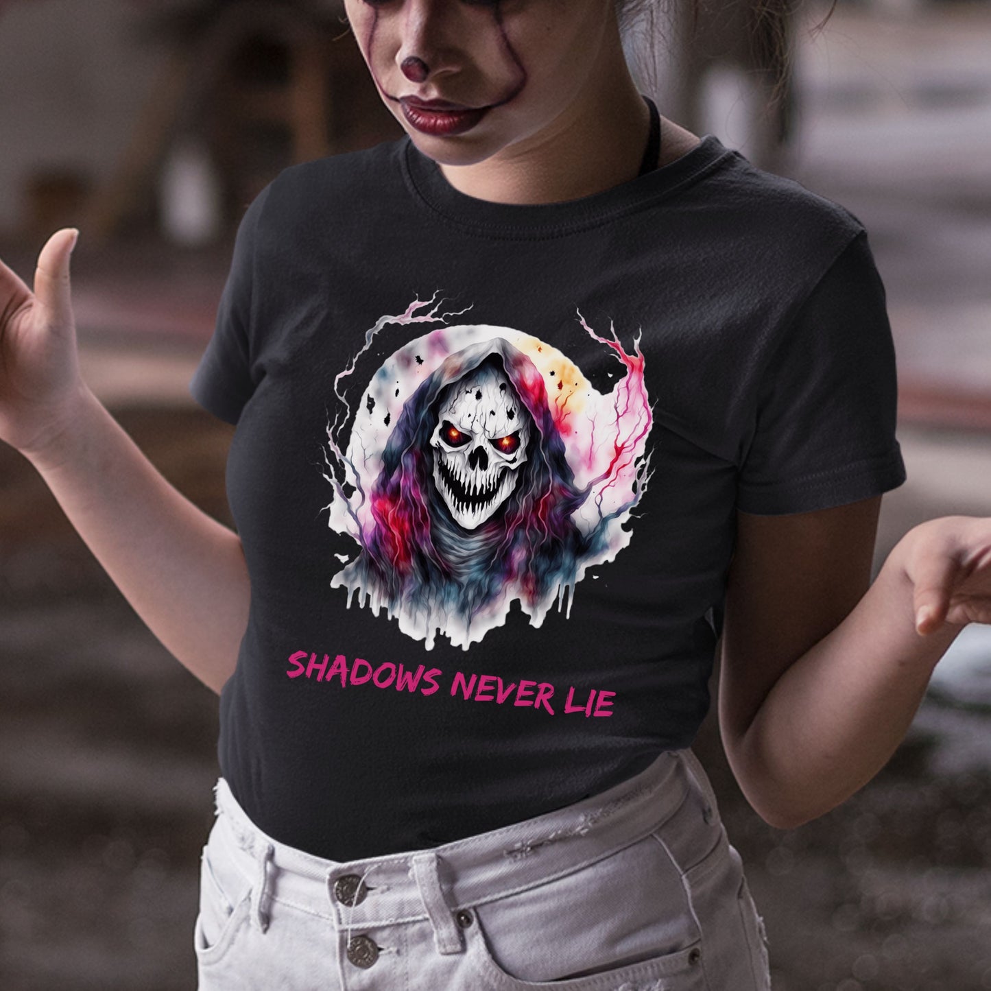 Halloween Skull Tee Shadows Never Lie T-Shirt Grim Reaper Skull Shirt Dark Art Halloween Tee Horror Skeleton Graphic Gothic Spiritual Top