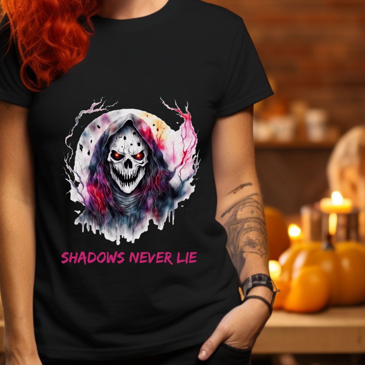 Halloween Skull Tee Shadows Never Lie T-Shirt Grim Reaper Skull Shirt Dark Art Halloween Tee Horror Skeleton Graphic Gothic Spiritual Top