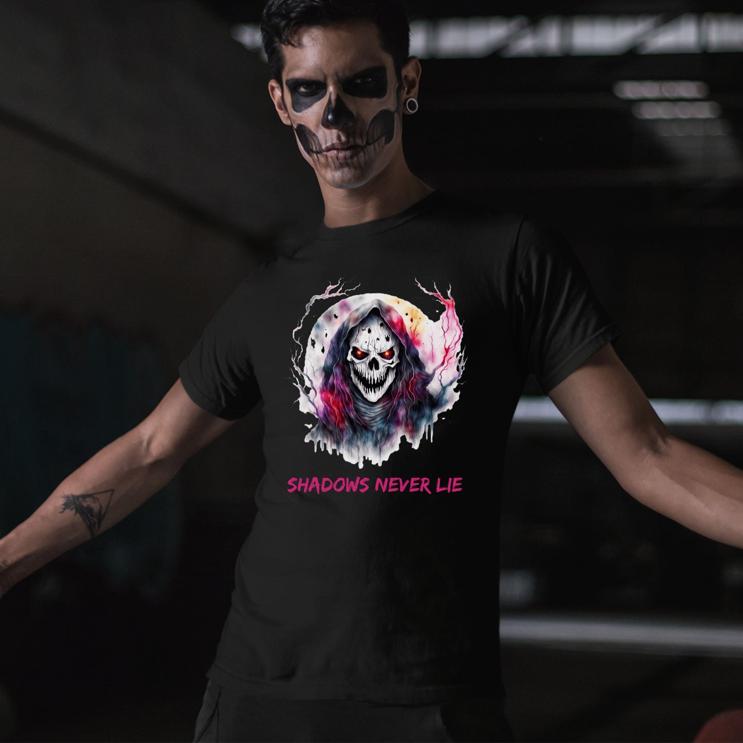 Halloween Skull Tee Shadows Never Lie T-Shirt Grim Reaper Skull Shirt Dark Art Halloween Tee Horror Skeleton Graphic Gothic Spiritual Top