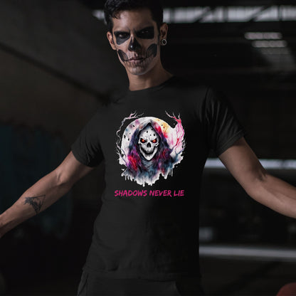 Halloween Skull Tee Shadows Never Lie T-Shirt Grim Reaper Skull Shirt Dark Art Halloween Tee Horror Skeleton Graphic Gothic Spiritual Top