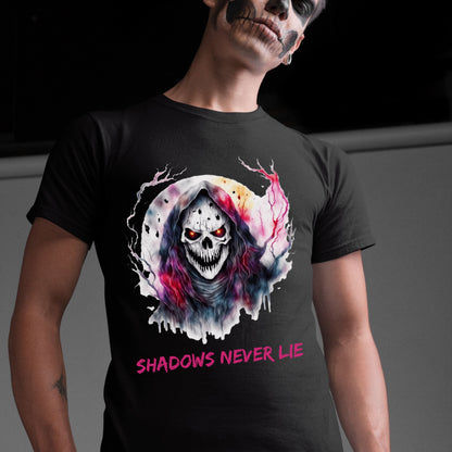 Halloween Skull Tee Shadows Never Lie T-Shirt Grim Reaper Skull Shirt Dark Art Halloween Tee Horror Skeleton Graphic Gothic Spiritual Top