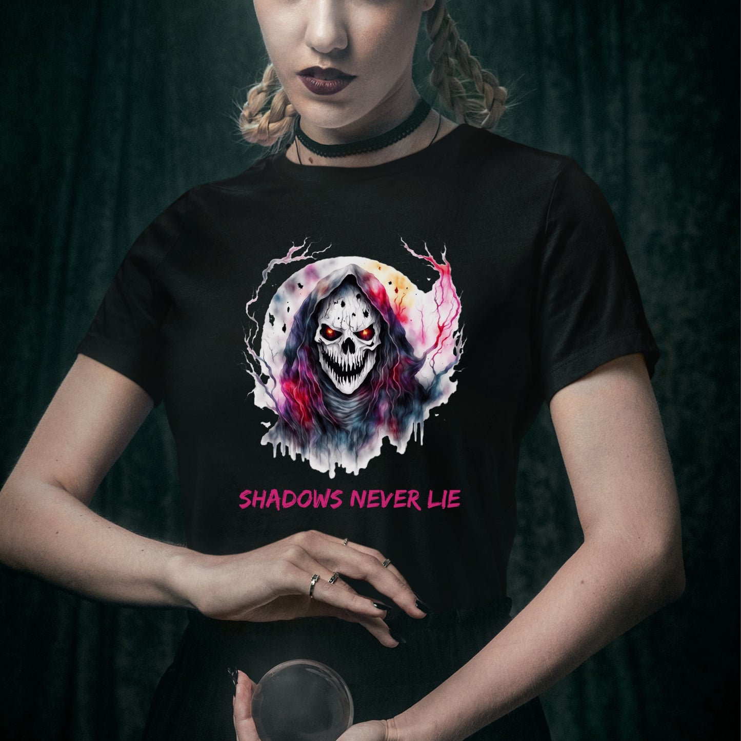 Halloween Skull Tee Shadows Never Lie T-Shirt Grim Reaper Skull Shirt Dark Art Halloween Tee Horror Skeleton Graphic Gothic Spiritual Top
