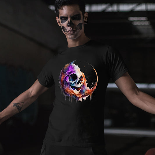 Cosmic Skull Moon T-Shirt Trippy Halloween Skeleton Tee Galaxy Horror Psychedelic Shirt  Colorful Gothic Skull Design Gift for her for him