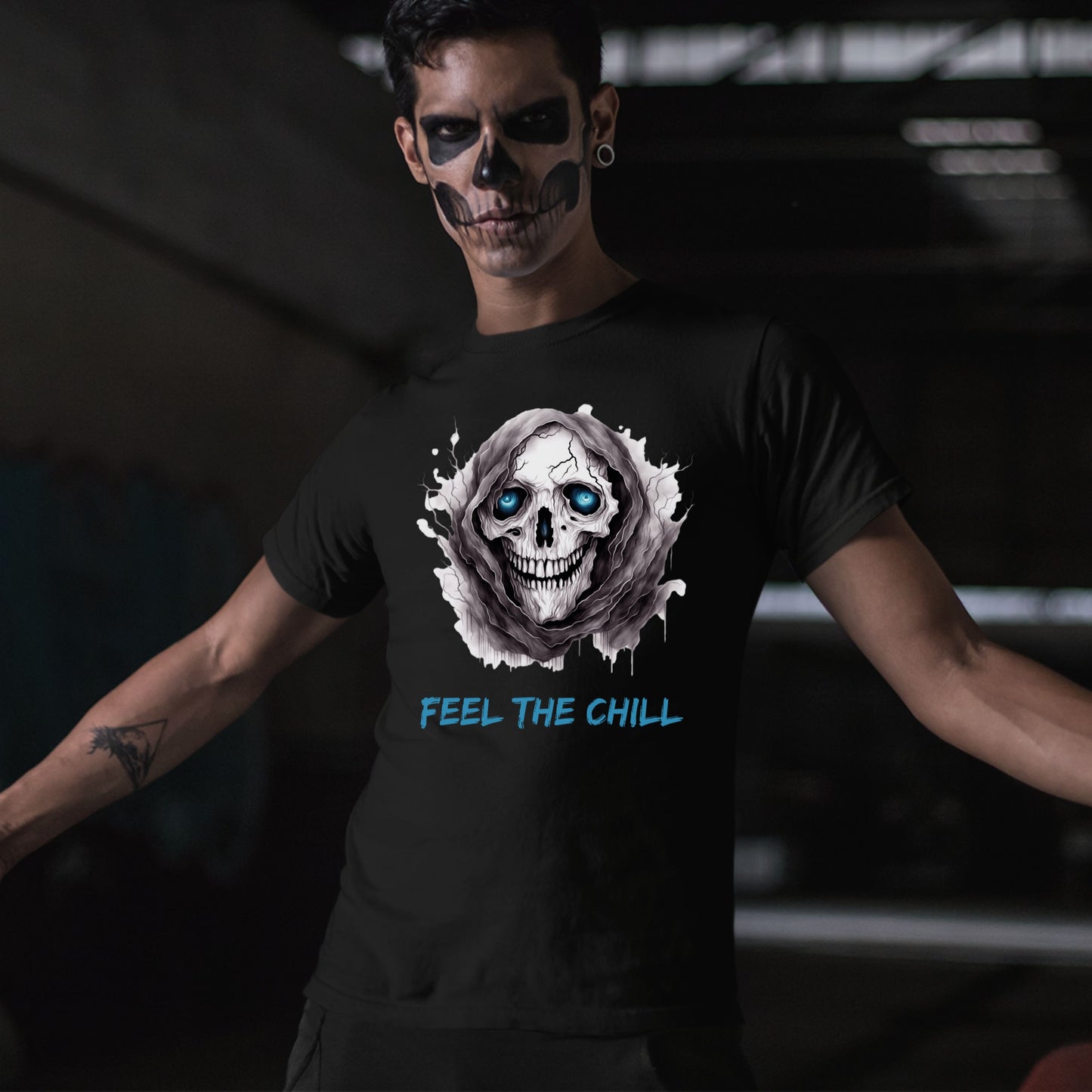 Halloween Skull Tee Feel The Chill Skeleton T-Shirt Icy Blue Eyed Skull Shirt Frozen Horror Halloween Tee Cold Gothic Ghost Reaper Design
