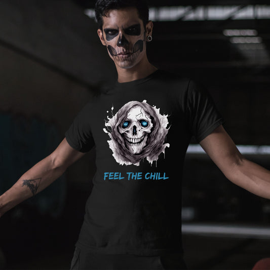 Halloween Skull Tee Feel The Chill Skeleton T-Shirt Icy Blue Eyed Skull Shirt Frozen Horror Halloween Tee Cold Gothic Ghost Reaper Design